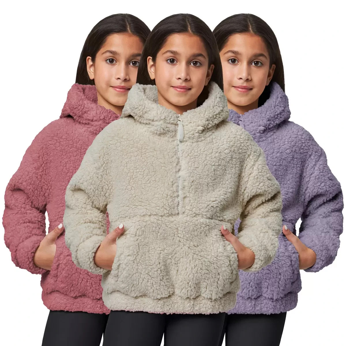 Mondetta Girls Half Zip Sherpa Pullover Hoodie Lilac Pink Beige Youth 5-12 1