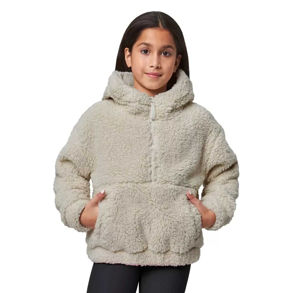 Mondetta Girls Half Zip Sherpa Pullover Hoodie Lilac Pink Beige Youth 5-12 2