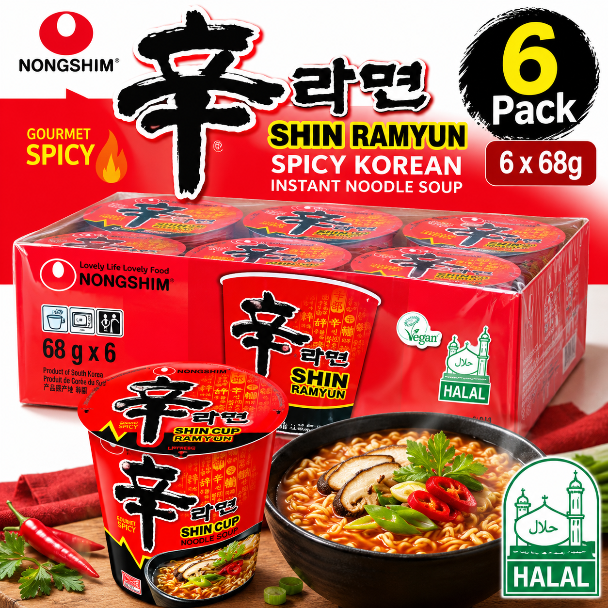 Nongshim Shin Ramyun Spicy Korean Instant Noodles Halal Certified 6 x 68g