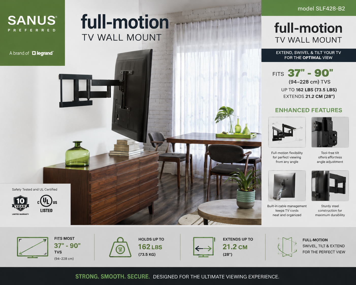 Sanus SLF428-B2 Full Motion TV Wall Mount 37-90 Inch Large Black 61kg VESA