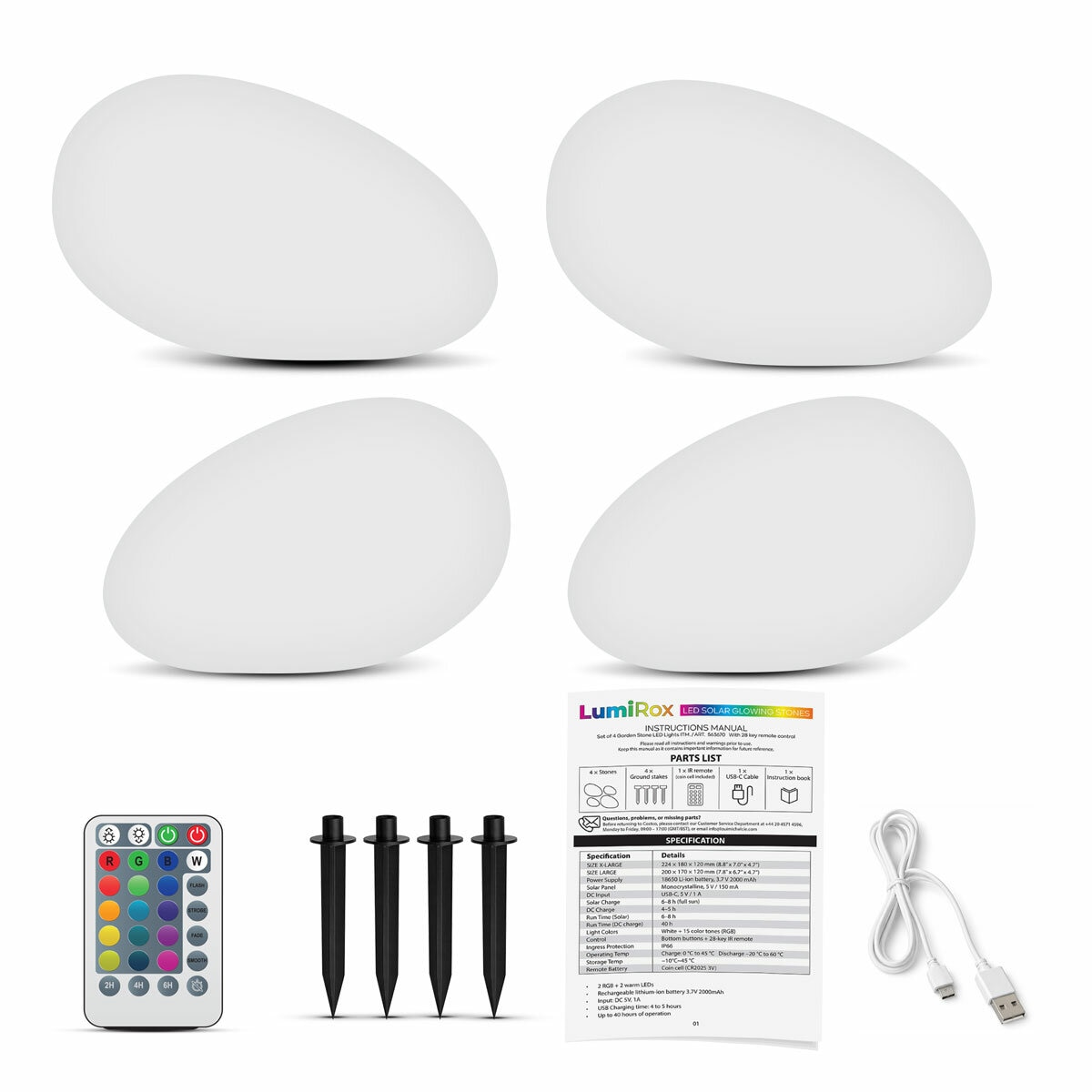 OMT Solar Powered LED Glowing Garden Stones 4 Pack Remote Control Colours 5