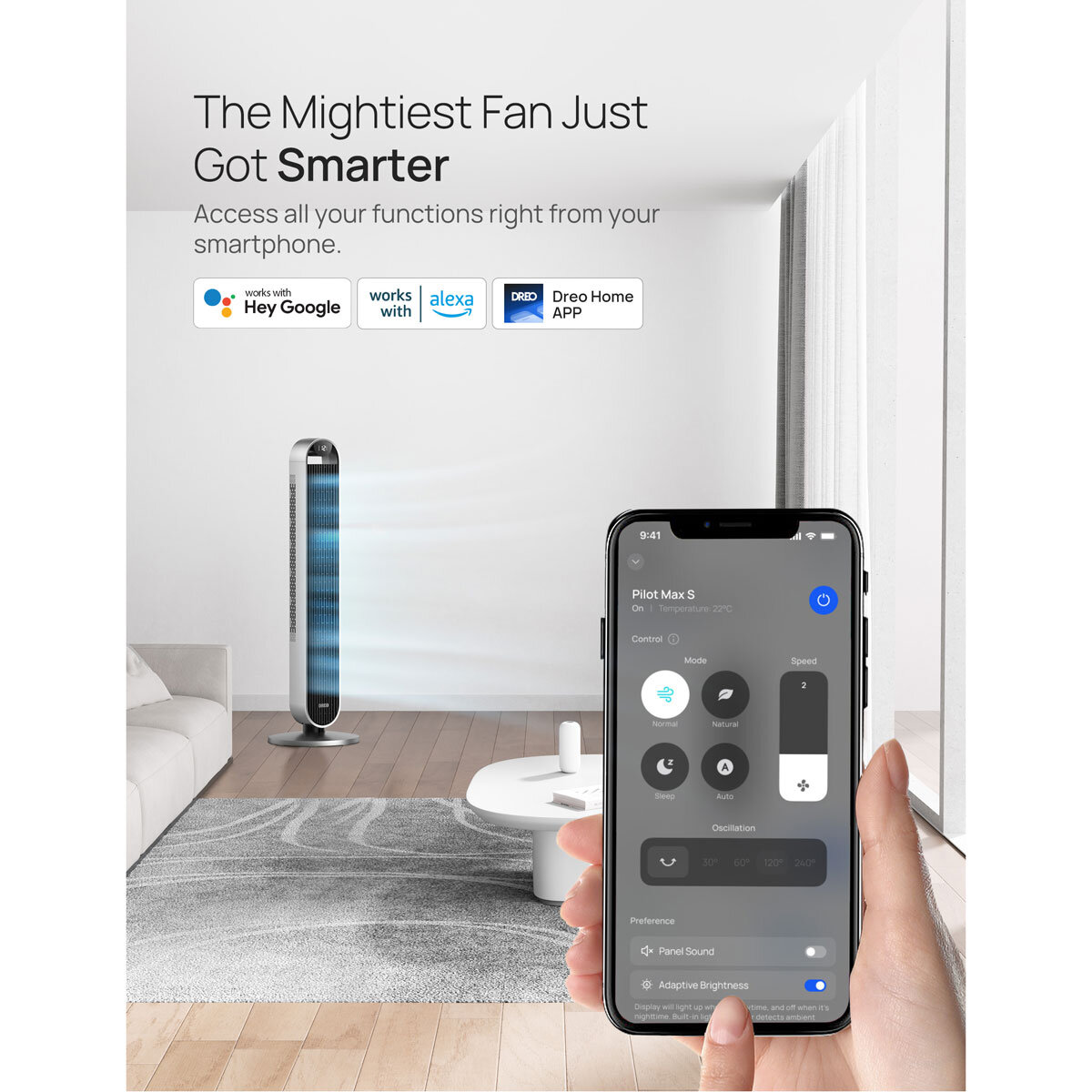 Dreo Pilot Max Smart Tower Fan DR-HTF004S Silver WiFi 12 Speed Oscillating 2