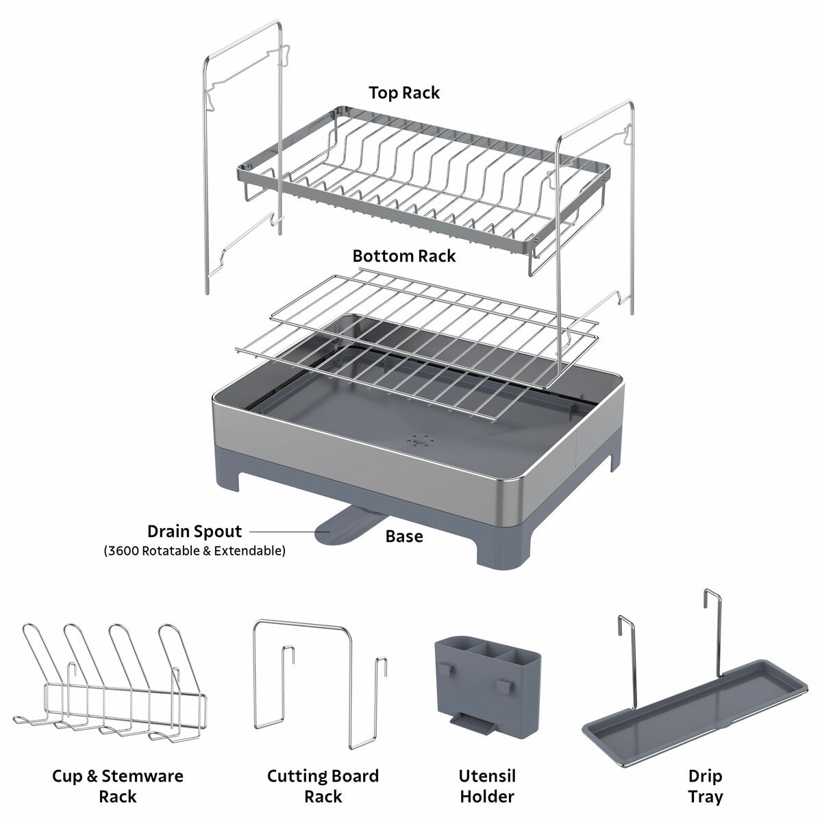 Tramontina 2 Tier Stainless Steel Dish Rack Drainer Drainboard Cup Holder 7