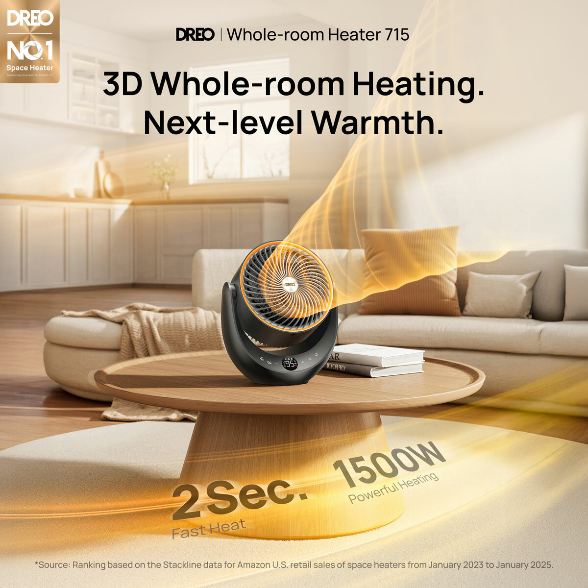Dreo DR-HSH015 Ceramic Space Heater 2000W 3D Oscillation Whole Room Fan Black 2